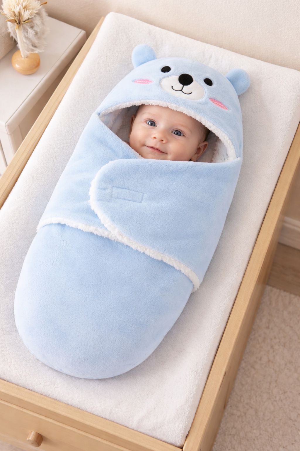 שק שינה חורפי לתינוק – שמיכת עטיפה רכה עם כובע דובי (0-12 חודשים)