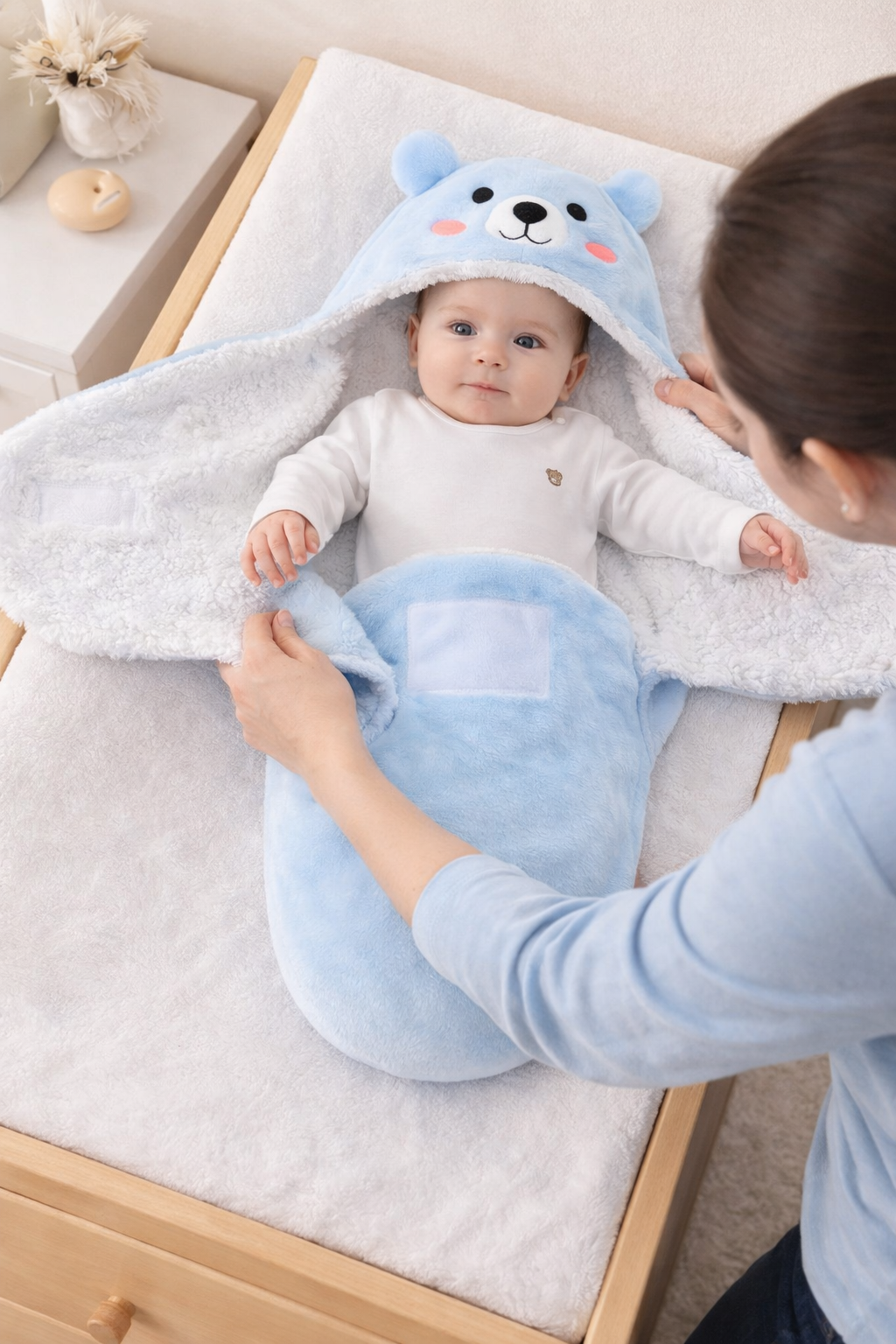 שק שינה חורפי לתינוק – שמיכת עטיפה רכה עם כובע דובי (0-12 חודשים)
