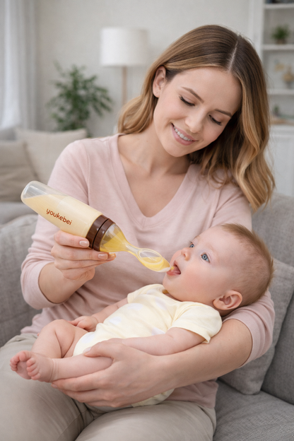 בקבוק האכלה עם כפית סיליקון לתינוק – האכלה נקייה, נוחה וללא לכלוך